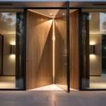 A modern wood pivot entry door with glass sidelights, black framing, exterior lighting, and a contemporary residential entryway design for Jacksonville, FL homeowners considering pivot door replacement.