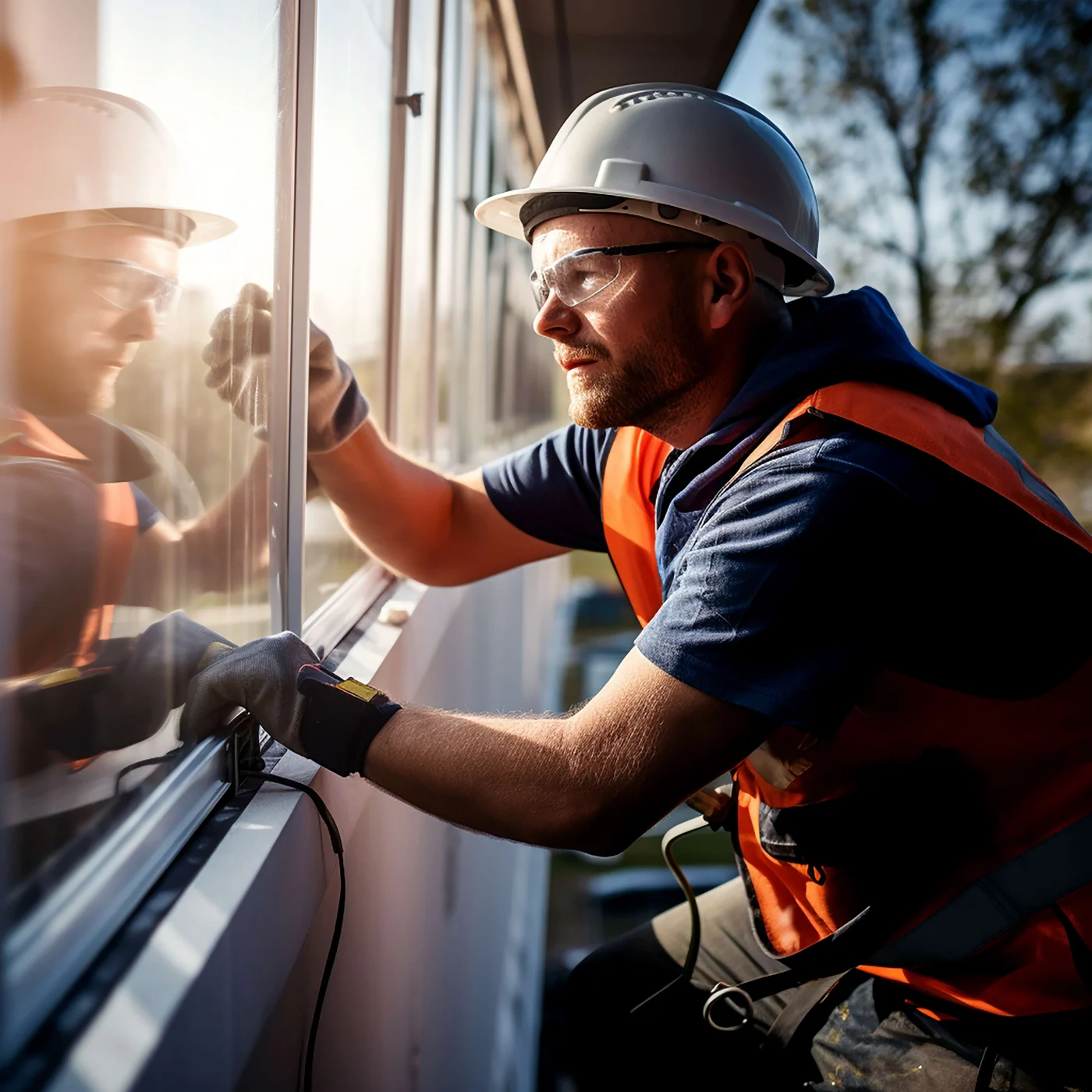 Professional Window Replacement In Orange Park, FL | Jacksonville Doors And Windows Window installer wearing safety gear carefully fitting and sealing a replacement window in an Orange Park, FL home.
