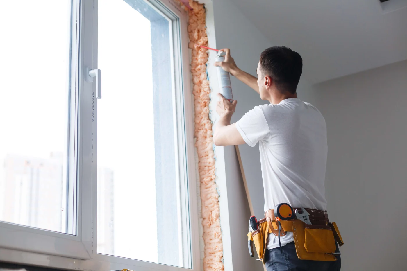 Replacement Window Installation And Sealing In Arlington, FL | Jacksonville Doors & Windows Window installer applying spray foam insulation around a newly installed replacement window in an Arlington, FL home.