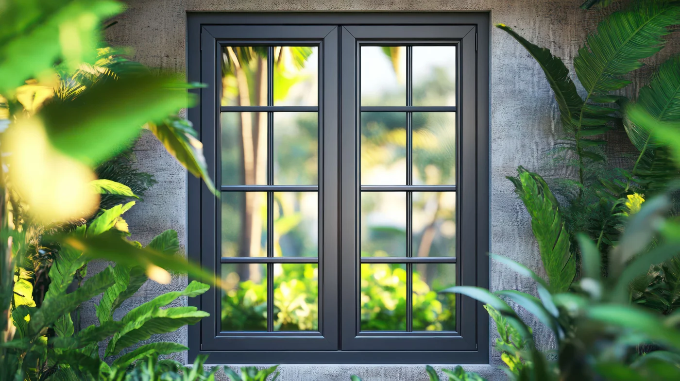 Double Casement Replacement Windows In Arlington, FL | Jacksonville Doors & Windows Black-framed double casement replacement window with grid glass, stucco exterior wall, and tropical plants for an Arlington, FL window replacement project.