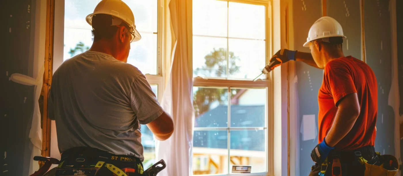 White Grid Window Replacement Installation in Arlington, FL | Jacksonville Doors & Windows Two workers wearing hard hats installing a white grid replacement window inside a home with exposed drywall during an Arlington, FL window replacement project.