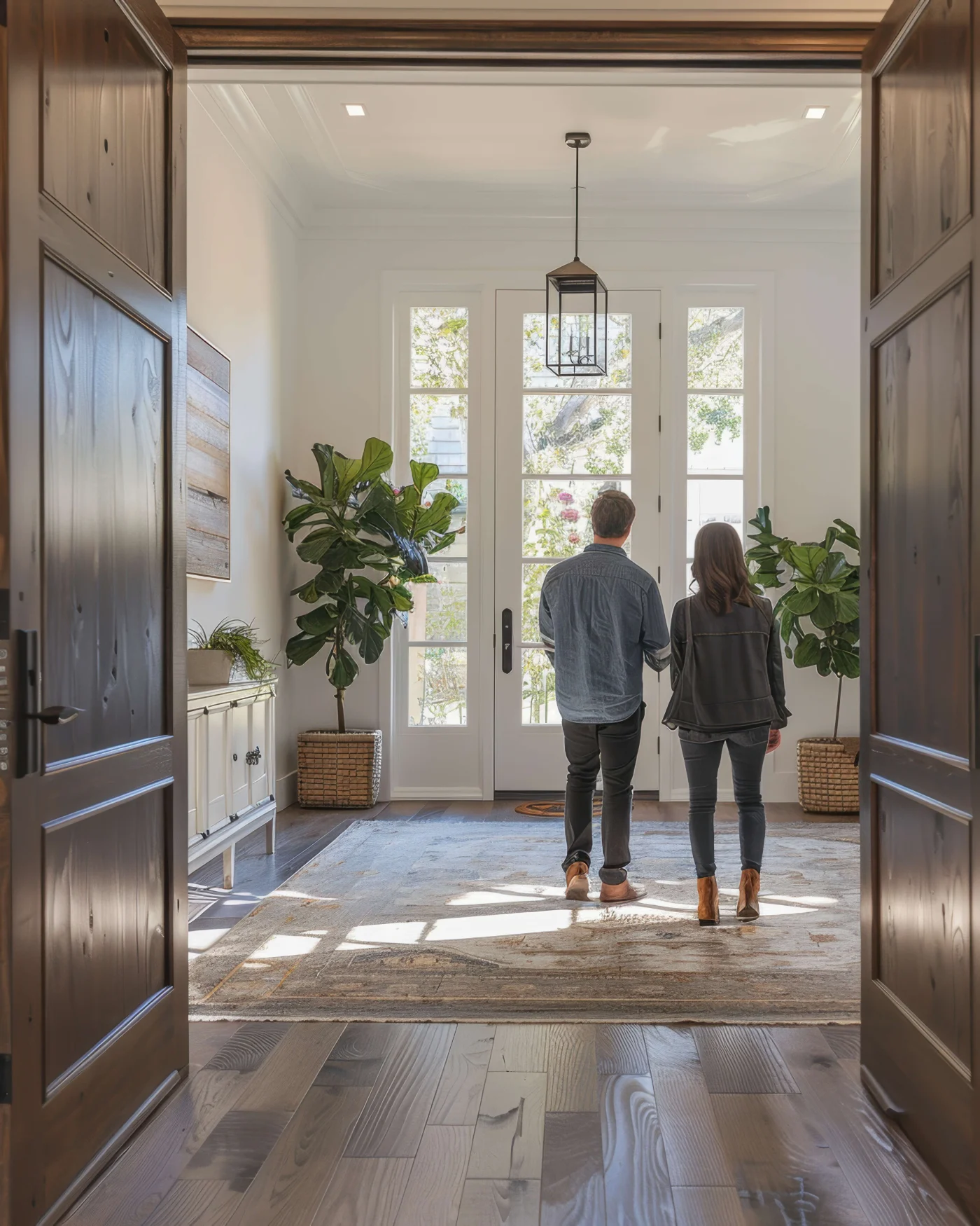 Homeowners standing inside a bright entryway and viewing a newly installed white front door with glass panels and sidelights.